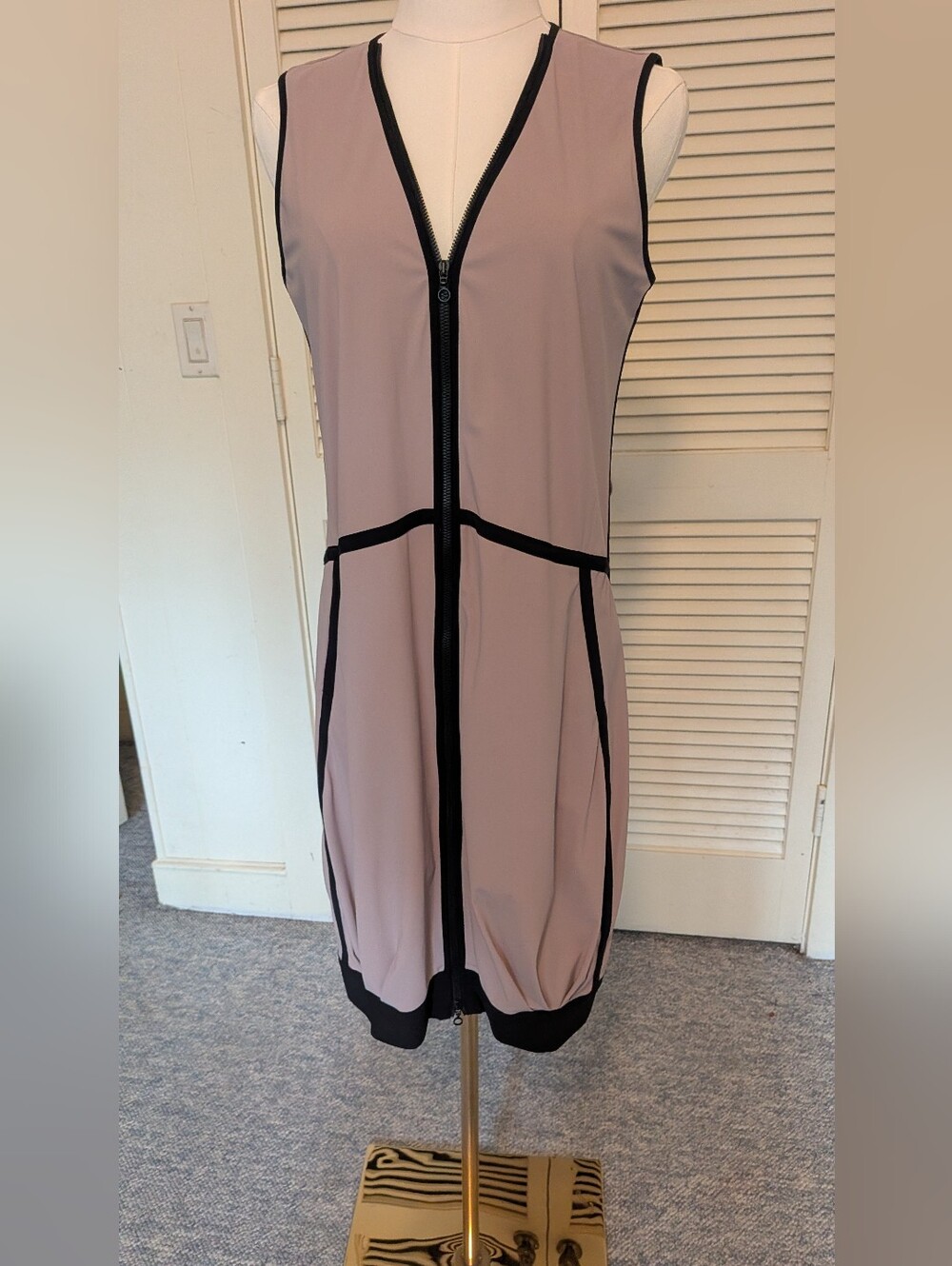 Sleeveless Zip-Front Sheath Dress in Mauve with Black Trim by Indies